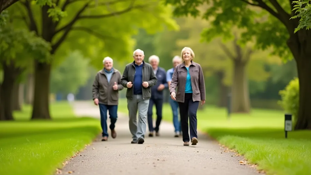 Group of senior walkers enjoying outdoor path with clear signage and maintained trails, natural daylight, active leisure setting