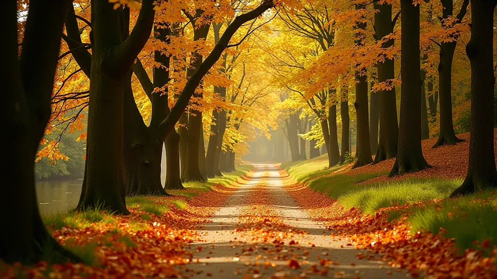 Autumn woodland path with golden leaves and riverside views