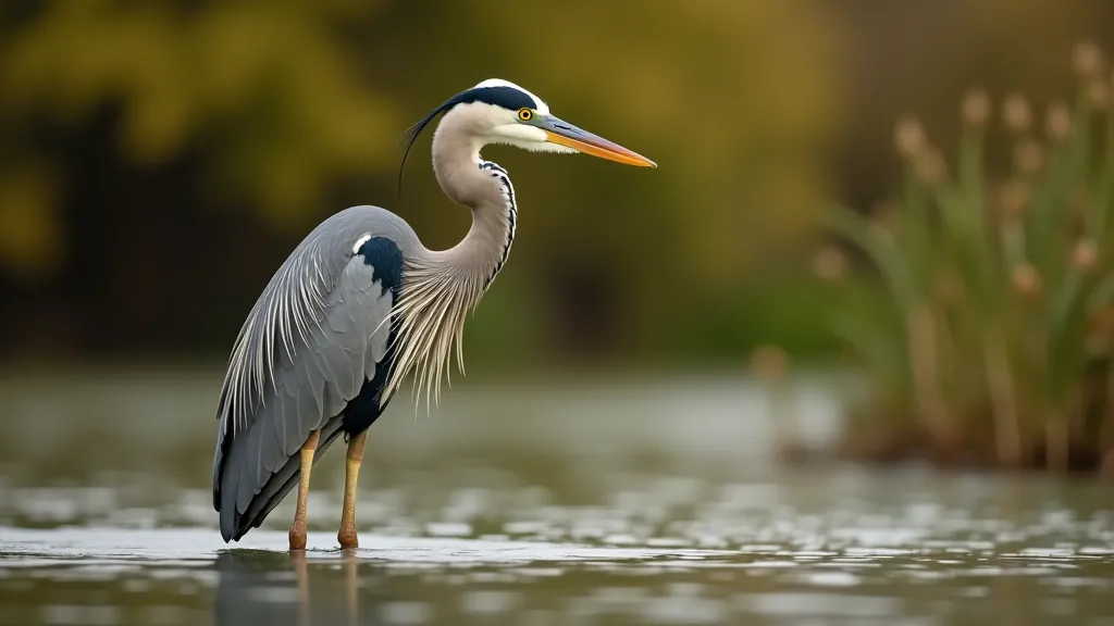 Blue heron standing in shallow river water with reeds and vegetation in background