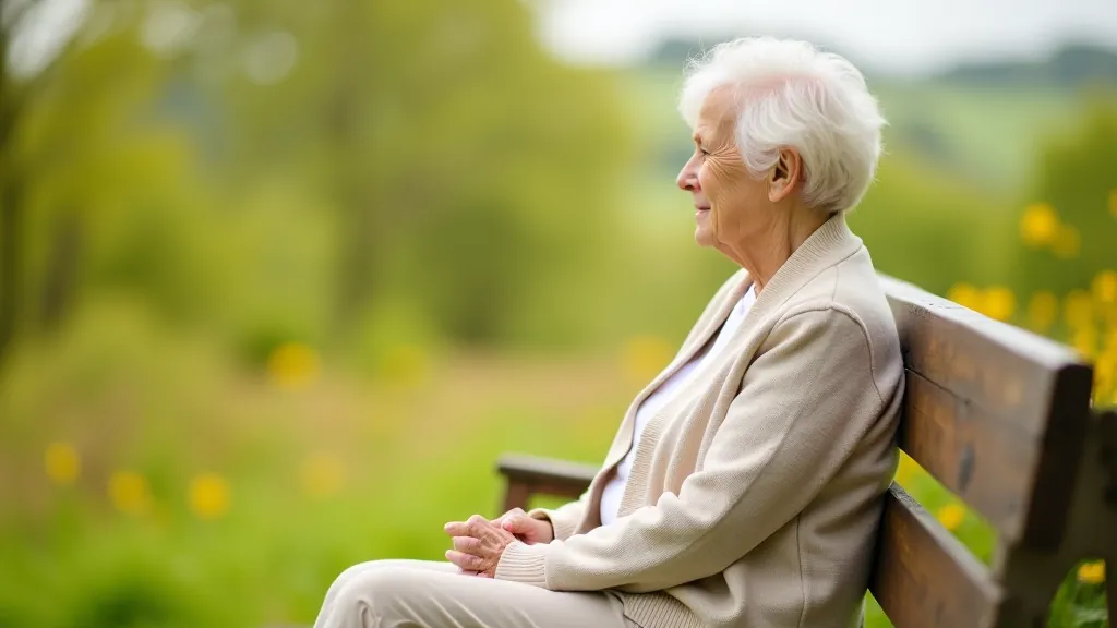 Elderly person sitting peacefully on park bench overlooking meadow landscape, enjoying quiet moment