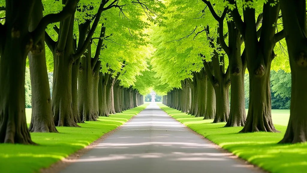 Wide tree-lined avenue with manicured lawns stretching into the distance, historic stone walls visible on the left side