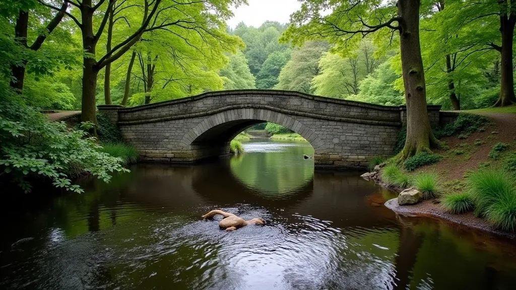 Historic stone bridge crossing river with woodland backdrop