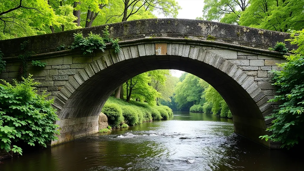 Historic stone bridge arches with weathered masonry, ivy-covered sides, and flowing river underneath
