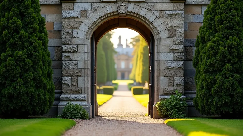 Stone gateway entrance to historic estate with formal gardens visible beyond
