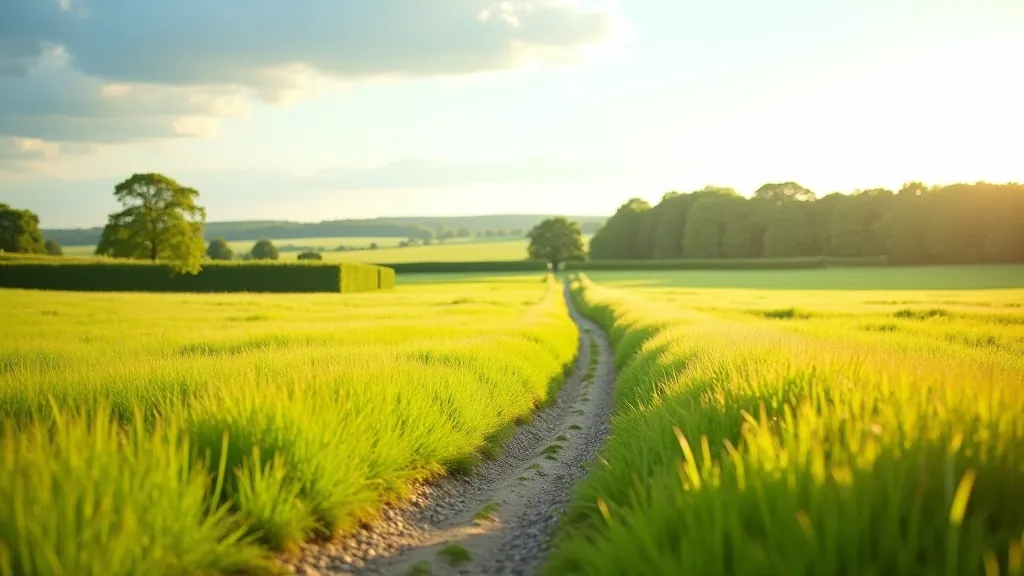 Meadow landscape showing open grassland with distant hedgerows and pastoral walking path