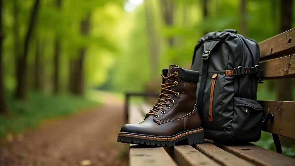 Hiking boots and backpack on wooden bench in natural woodland setting