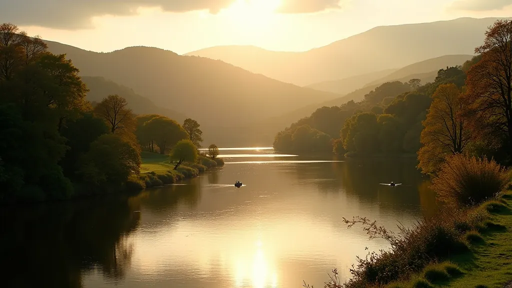 Scenic riverside valley with rolling hills, mature trees, and water reflections at sunset