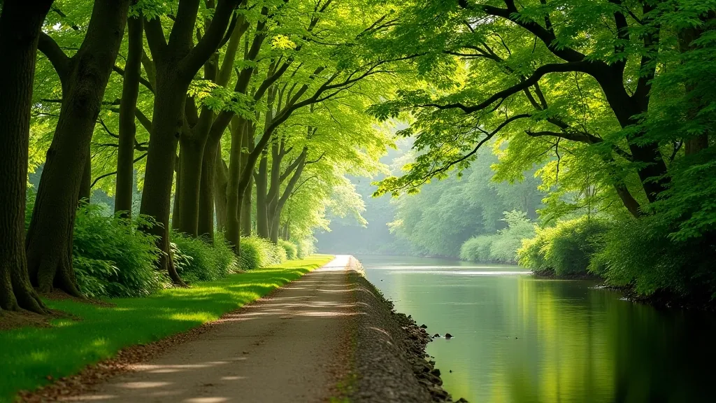 River pathway with mature trees and lush vegetation along the water's edge