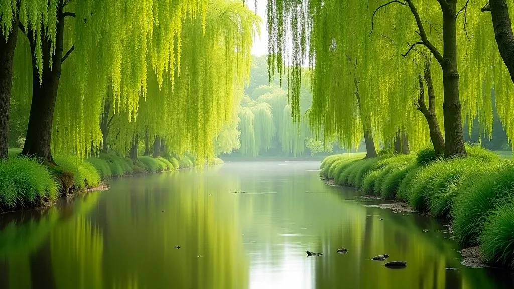 Riverside section of walking trail with water reflections and overhanging willows
