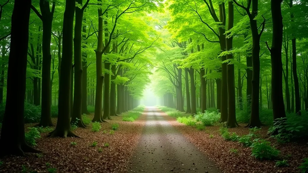 Shaded woodland path with natural tree canopy creating dappled light patterns on the forest floor