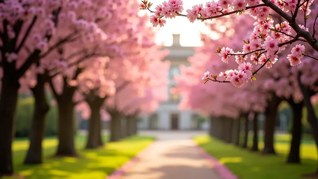 Spring blossoms along the main avenue at Castletown House with flowering cherry trees