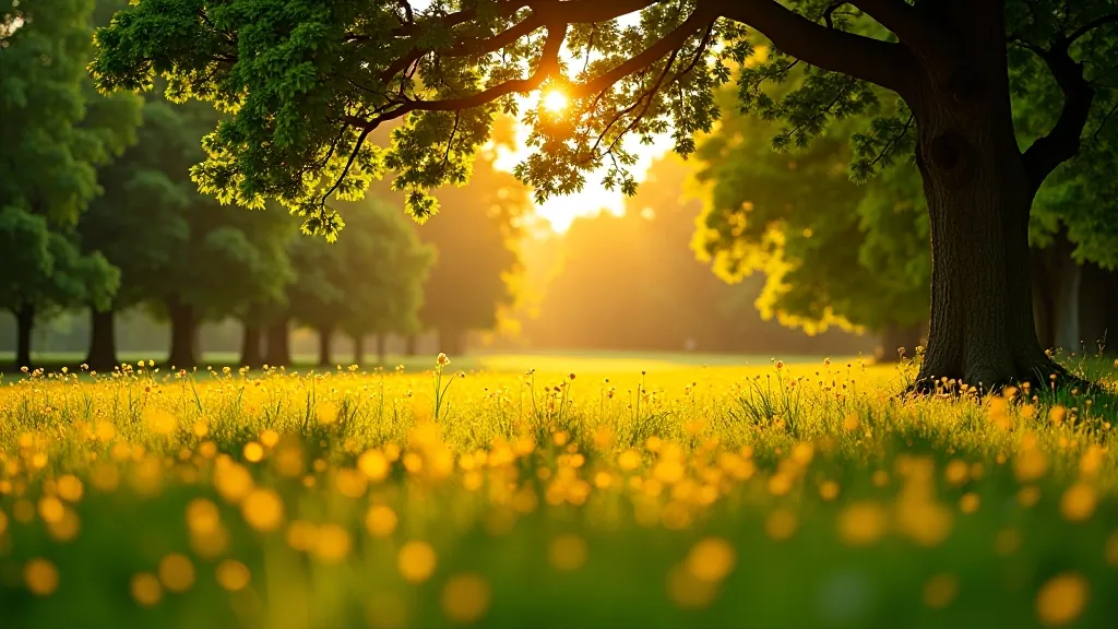 Summer meadow with wildflowers and mature oak trees creating dappled shade