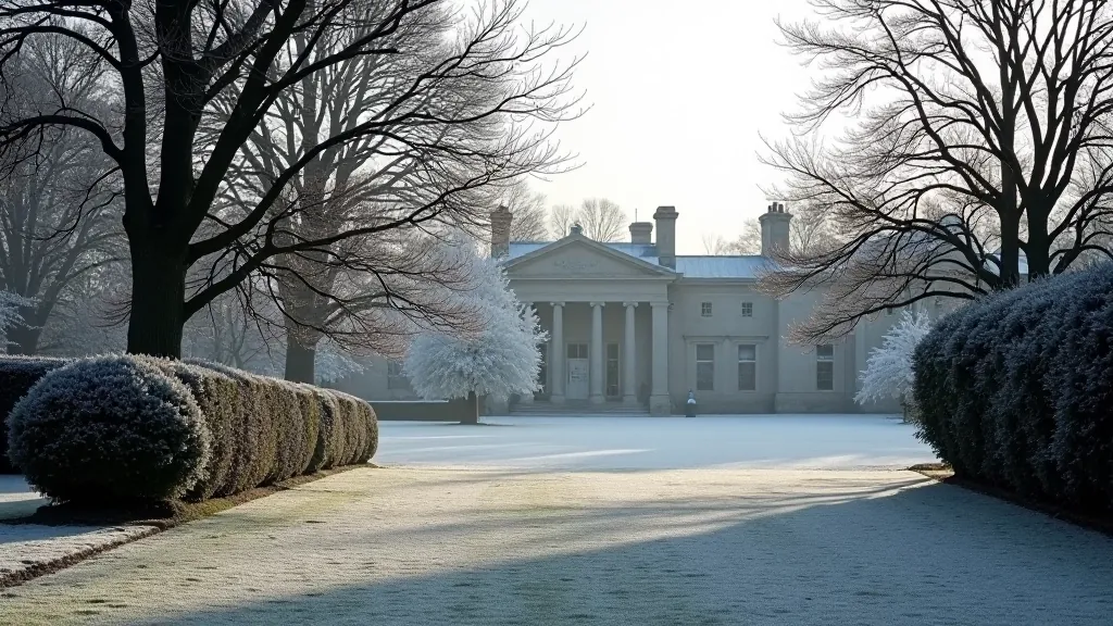 Winter frost on formal gardens with historic estate building in background
