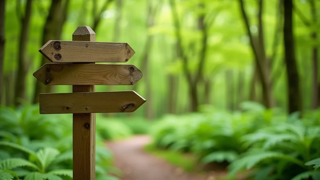 Wooden signpost at woodland trail junction with directional arrows pointing into forest paths