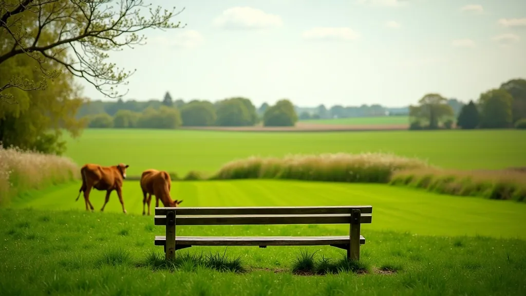 Park bench overlooking pastoral meadow with grazing fields and distant tree line